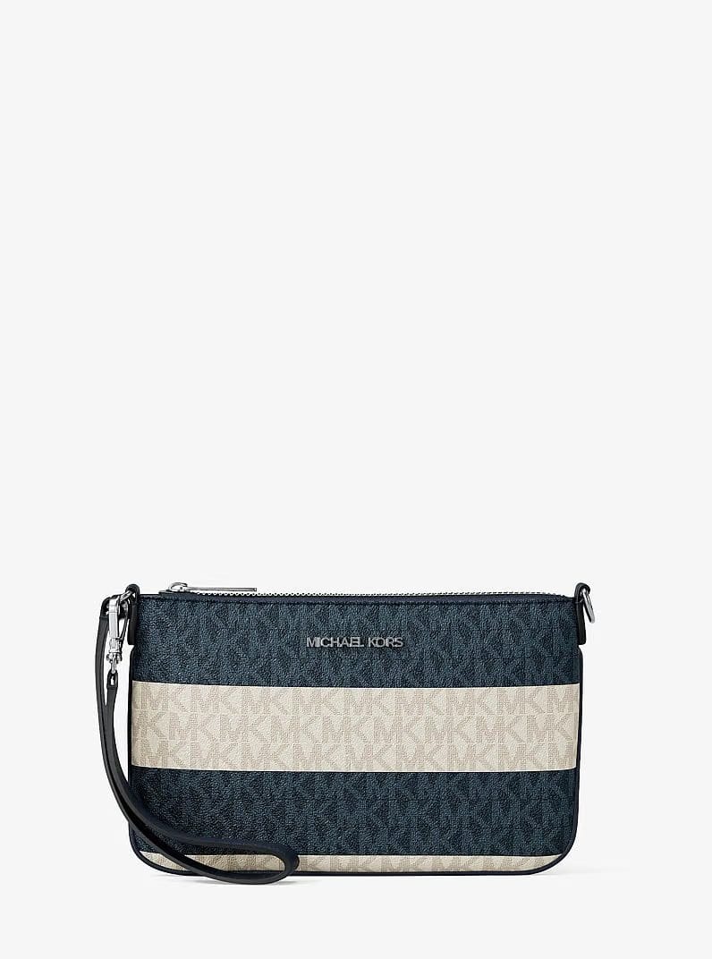 Michael Kors Jet Set Travel Striped Signature Logo Convertible Wristlet Navy