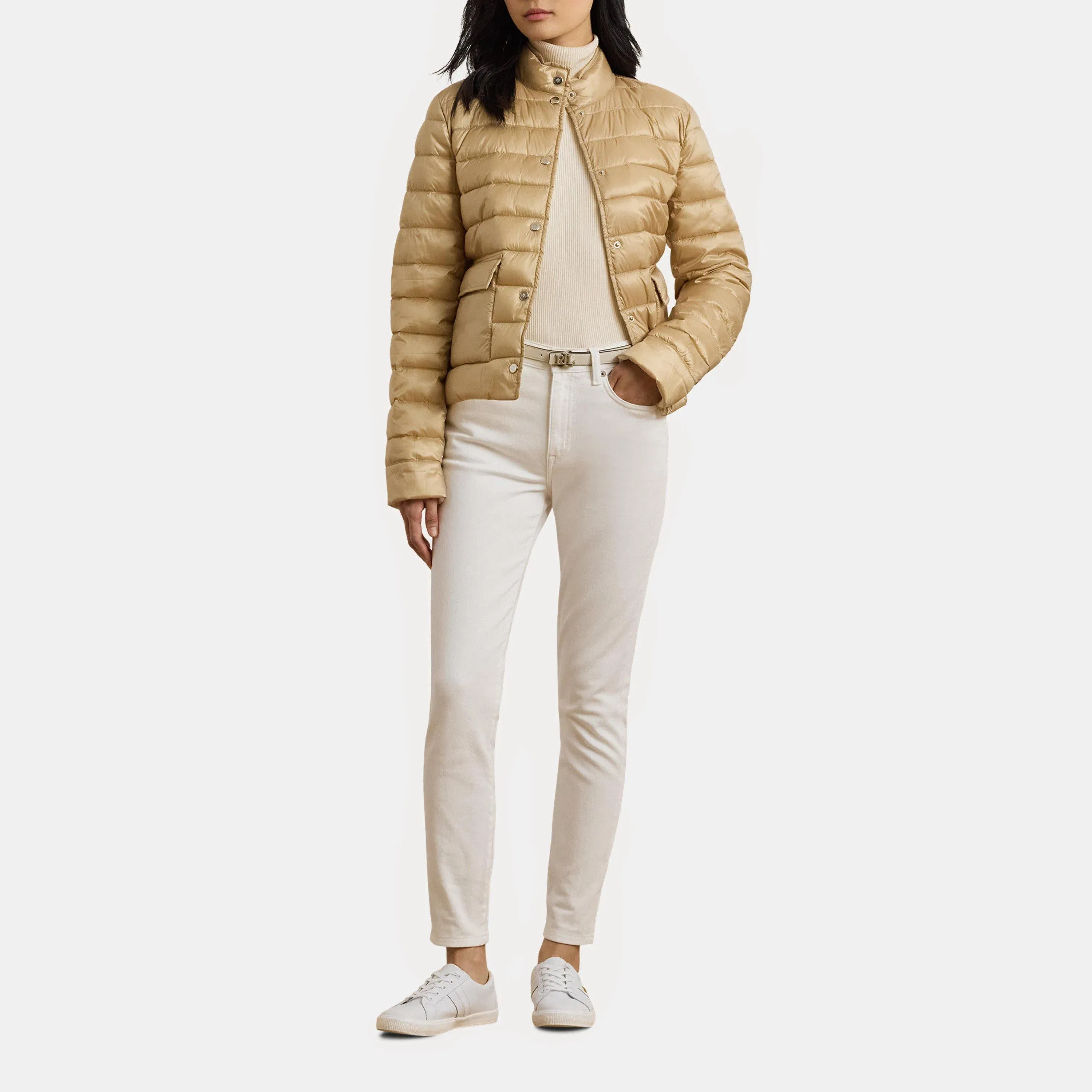 Metallic Quilted Duck Down Long Sleeve Short Puffer Jacket