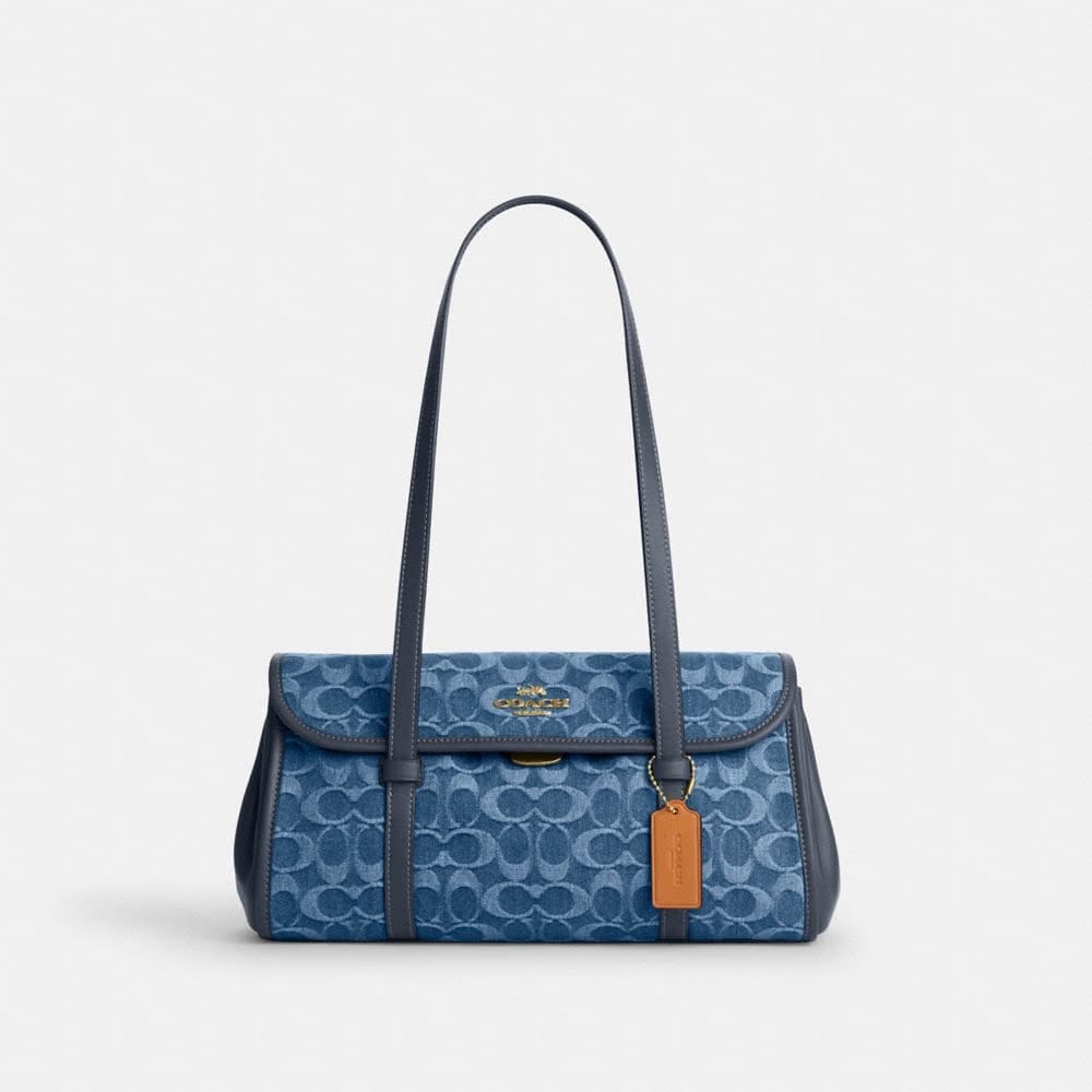 Coach Bridget Flap Shoulder Bag In Signature Denim Gold Indigo