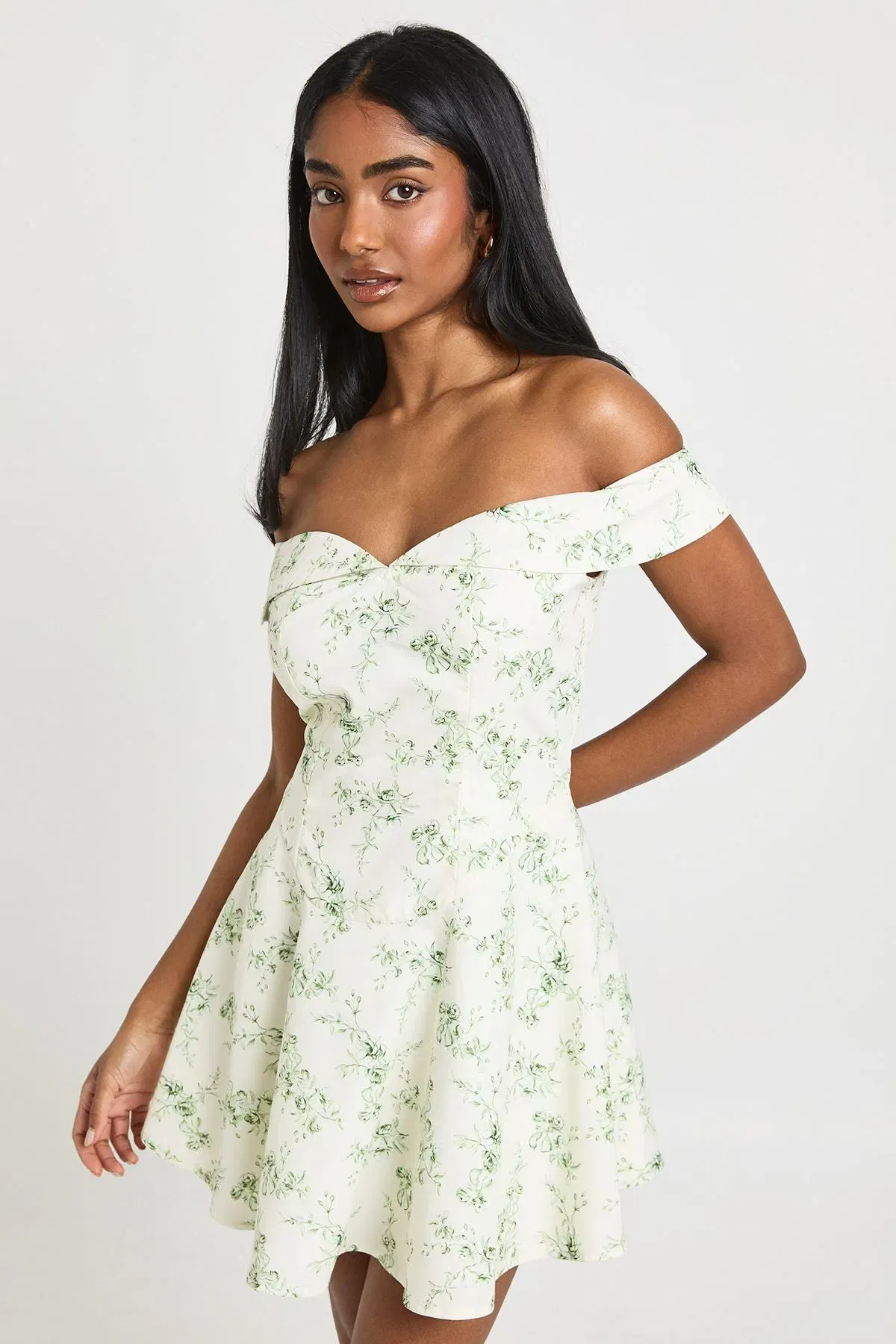 Floral Print Bardot Skater Mini Dress