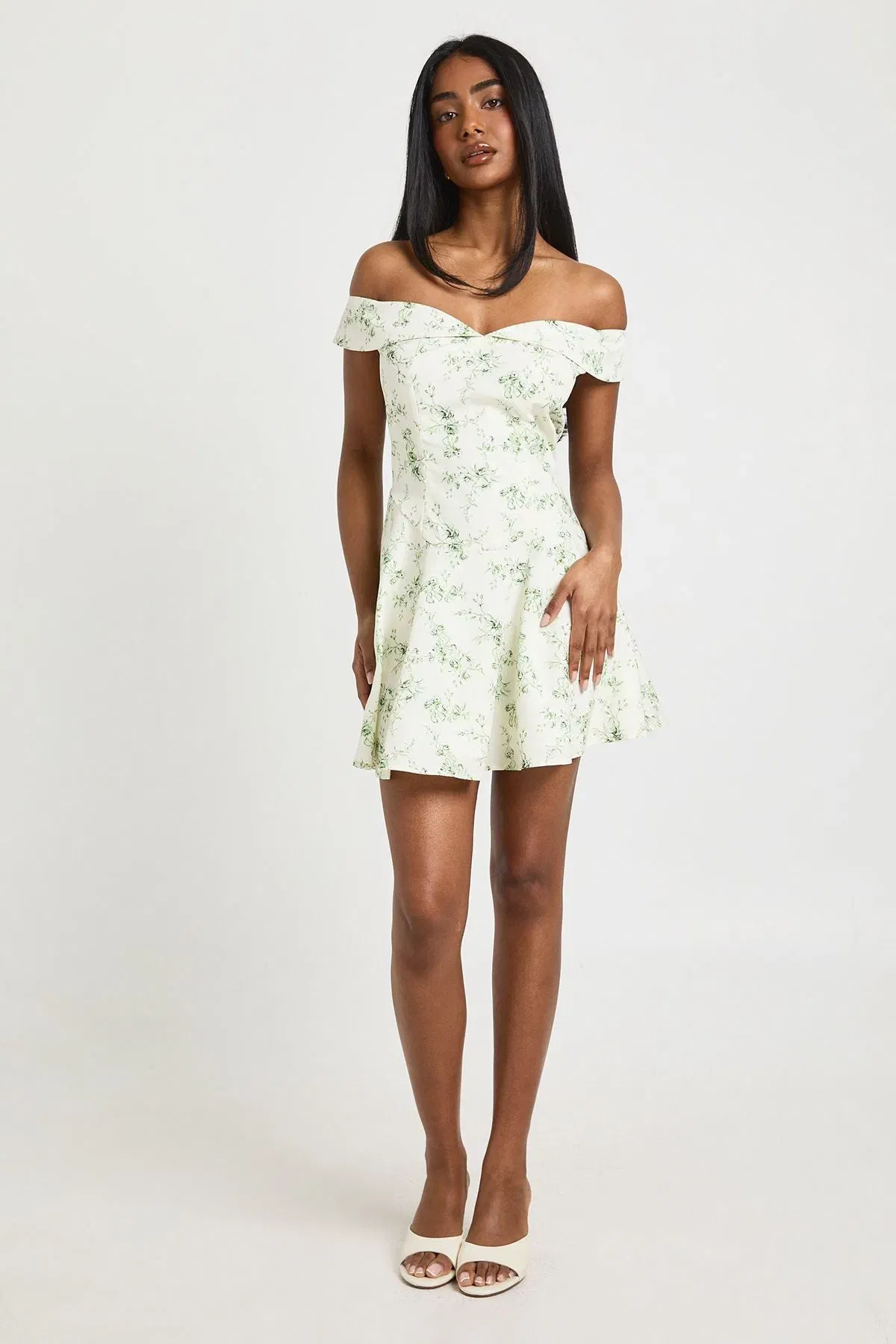 Floral Print Bardot Skater Mini Dress