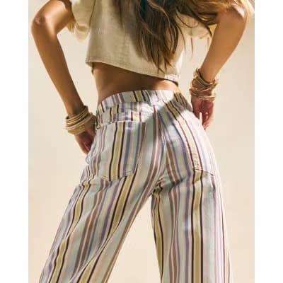 Purple Mid Rise Stripe Barrel Leg Jeans