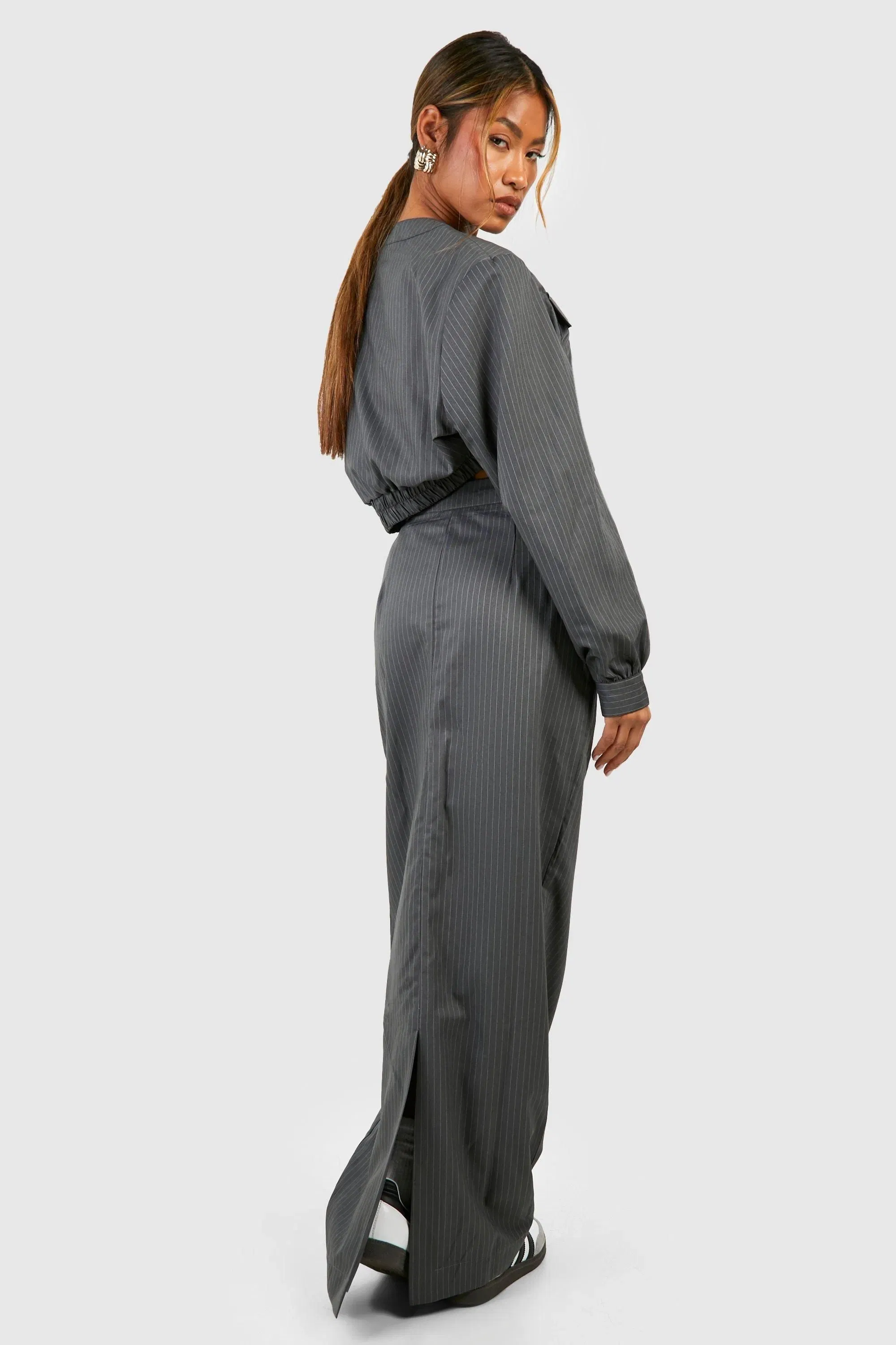 Pinstripe Thigh Split Column Maxi Skirt