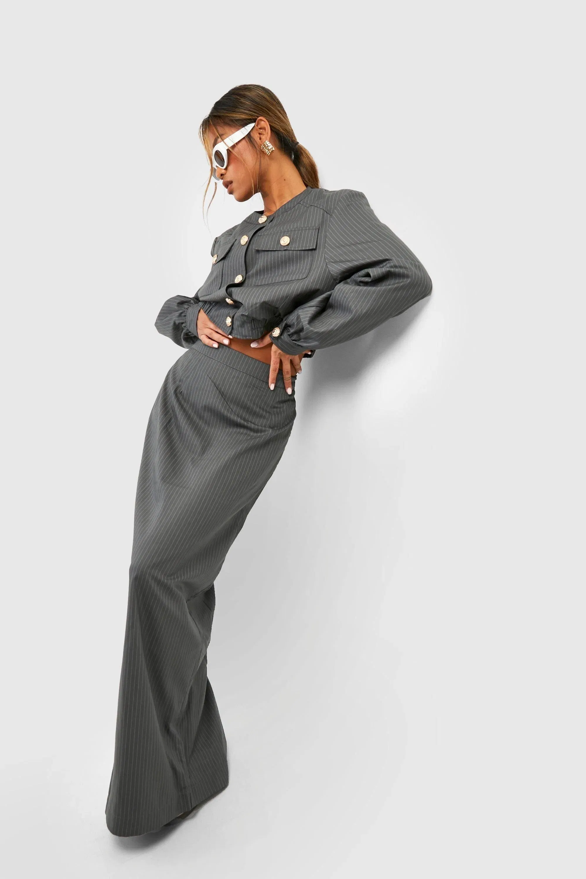 Pinstripe Thigh Split Column Maxi Skirt