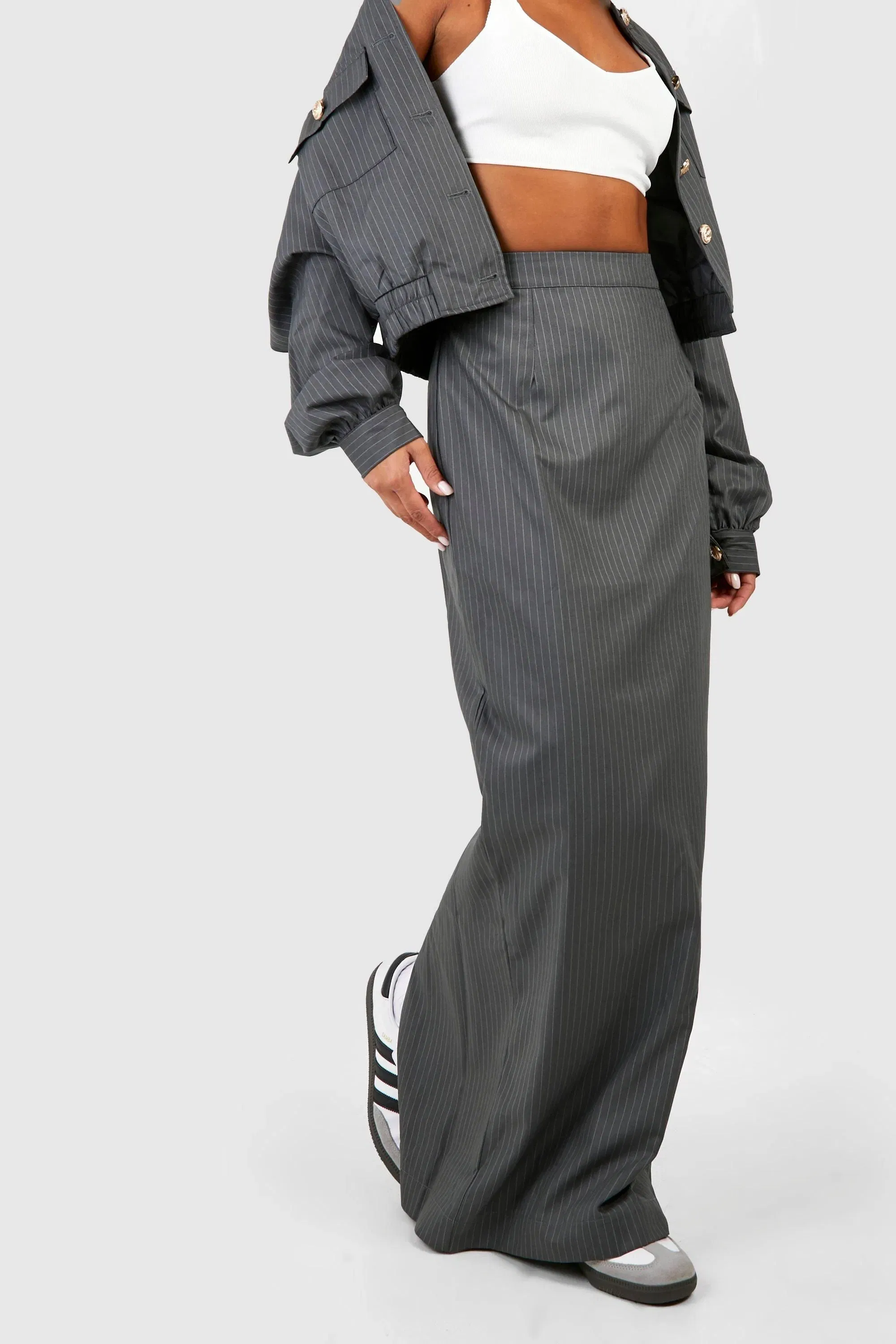 Pinstripe Thigh Split Column Maxi Skirt