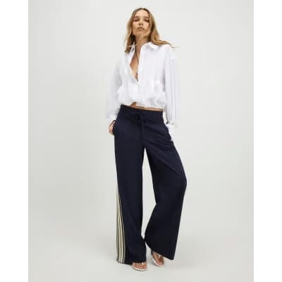 Navy Pinstripe Crochet Side Stripe Joggers
