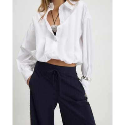 Navy Pinstripe Crochet Side Stripe Joggers