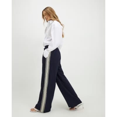 Navy Pinstripe Crochet Side Stripe Joggers