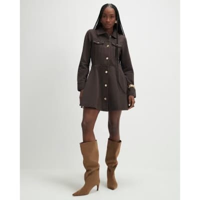 Brown Long Sleeve Button Up Denim Mini Dress