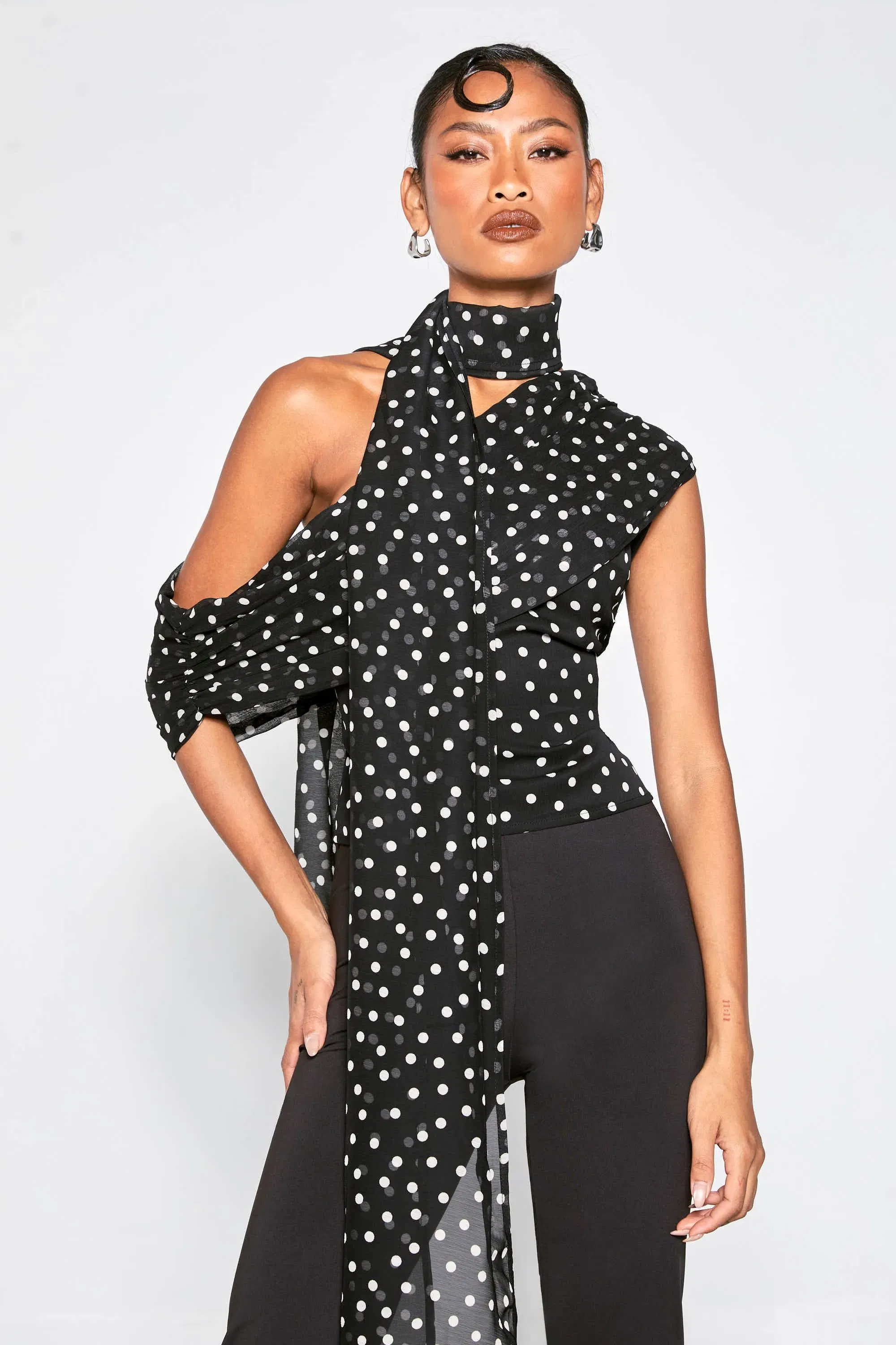 Polka Dot Chiffon Asymmetric Wrap Top