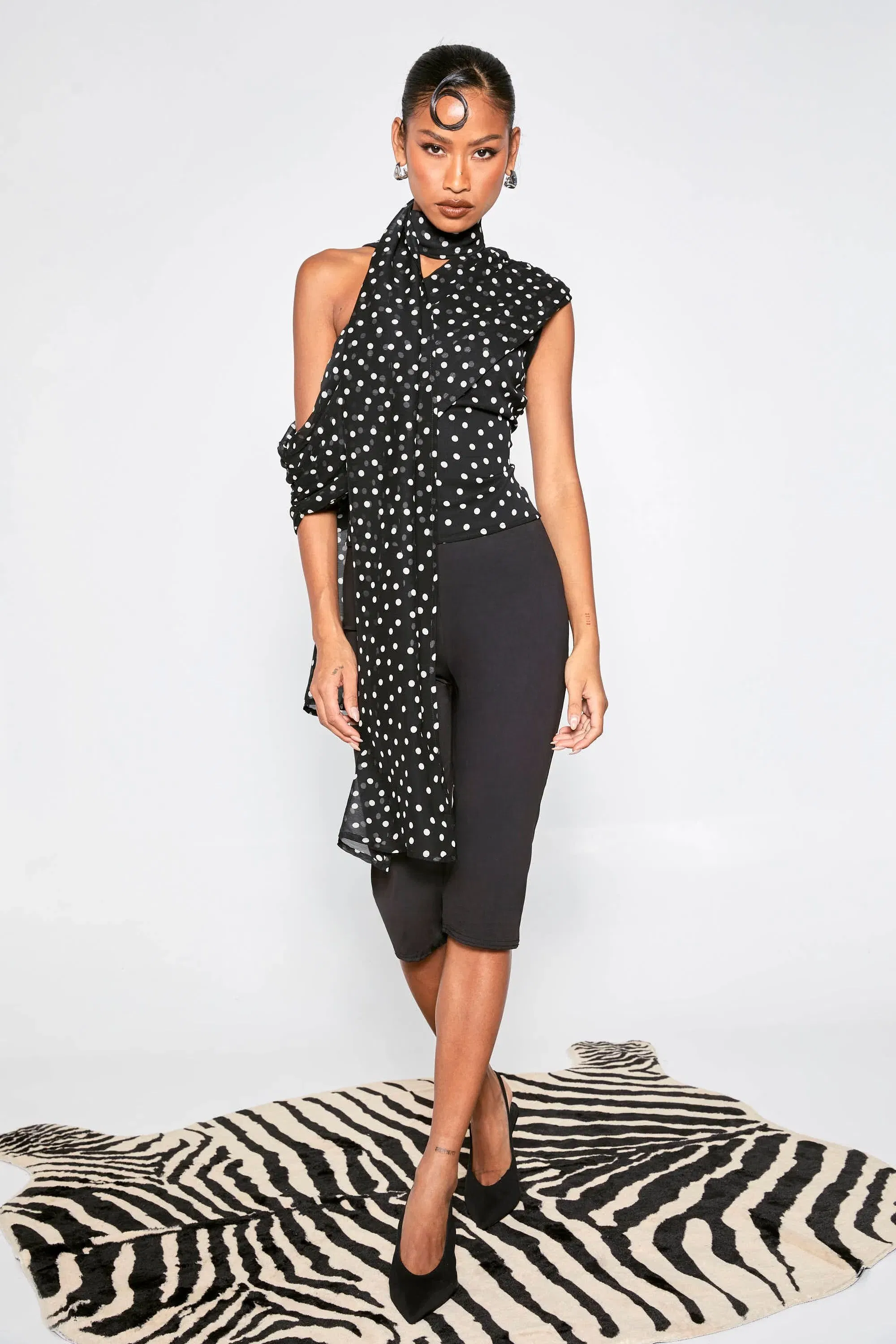 Polka Dot Chiffon Asymmetric Wrap Top
