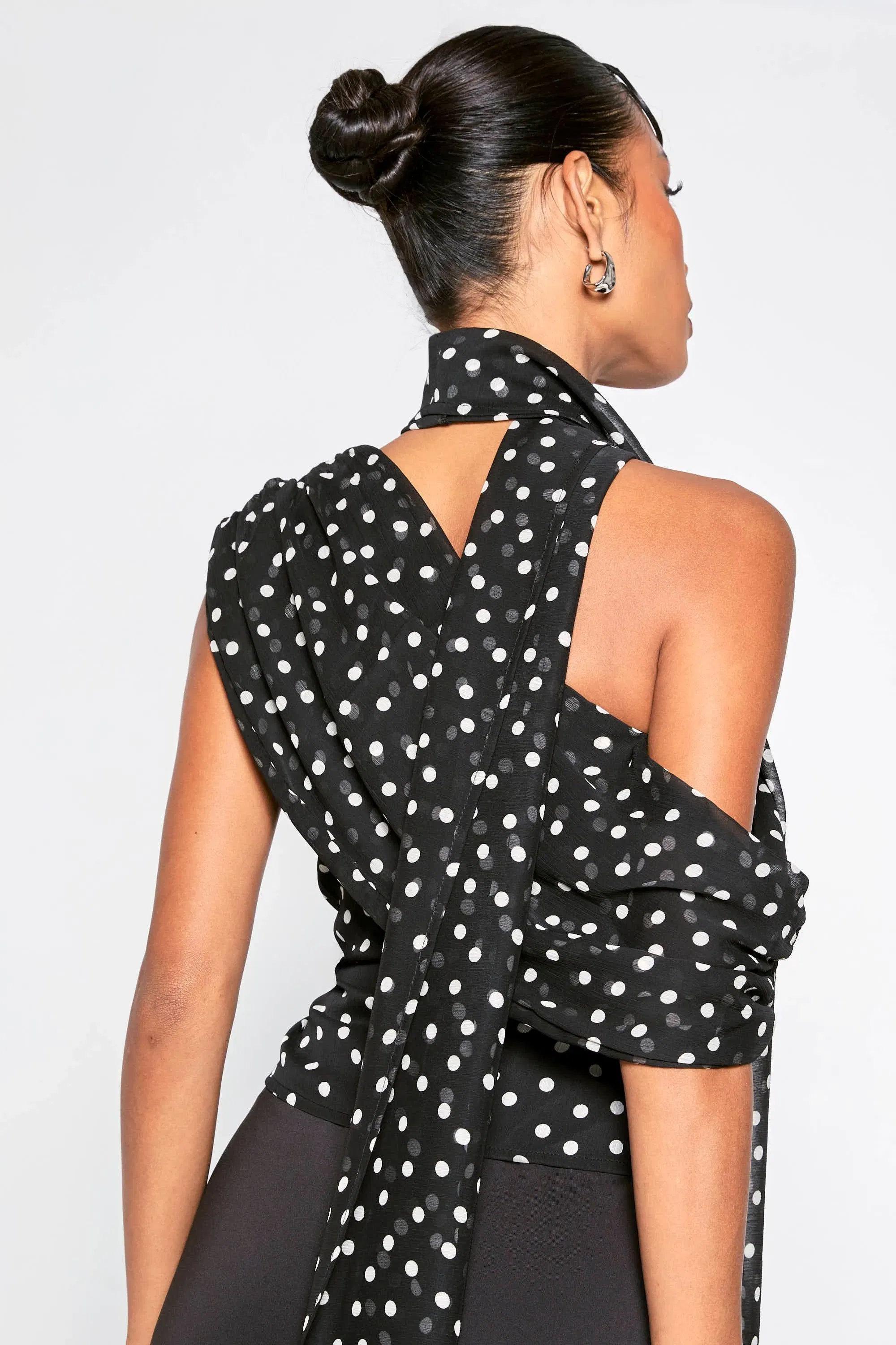Polka Dot Chiffon Asymmetric Wrap Top
