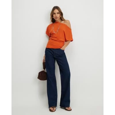 Orange Banded Hem Drape Top