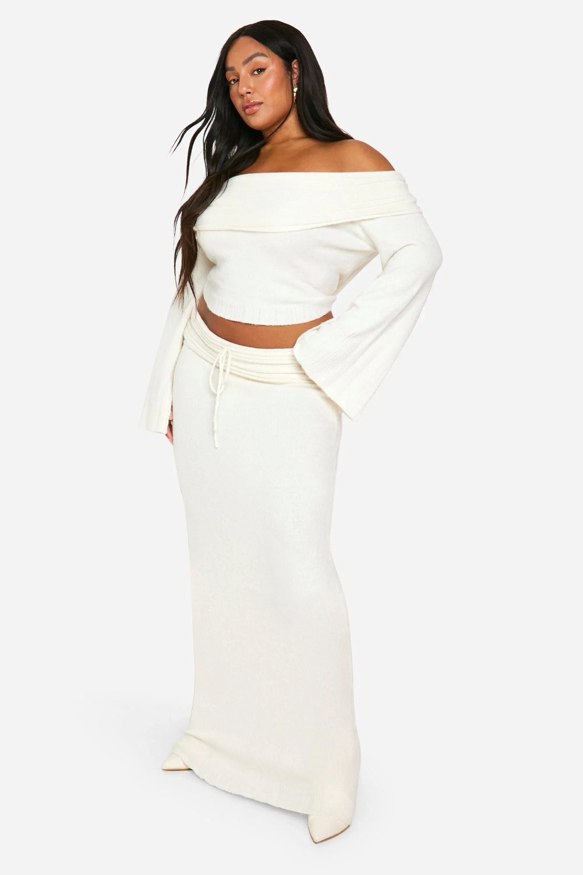 Plus Rib Edge Lace Up Knitted Maxi Skirt