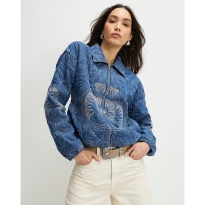Blue Denim Embroidered Quilted Bomber Jacket