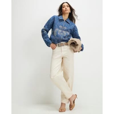 Blue Denim Embroidered Quilted Bomber Jacket