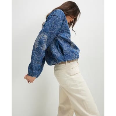 Blue Denim Embroidered Quilted Bomber Jacket