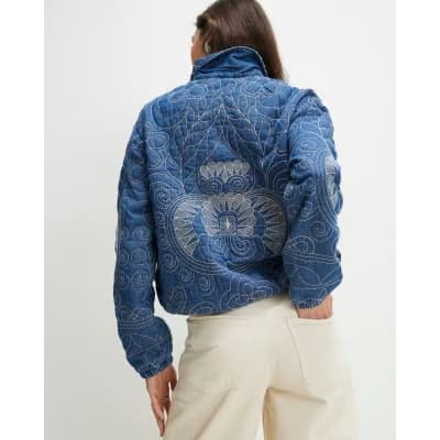 Blue Denim Embroidered Quilted Bomber Jacket