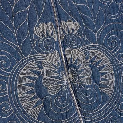 Blue Denim Embroidered Quilted Bomber Jacket
