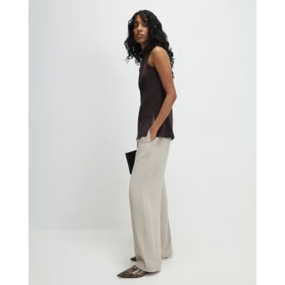 Beige Tailored Drawstring Wide Leg Trousers