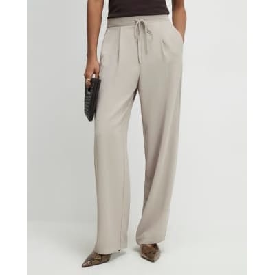 Beige Tailored Drawstring Wide Leg Trousers
