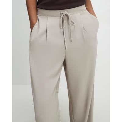 Beige Tailored Drawstring Wide Leg Trousers
