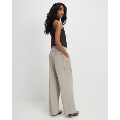 Beige Tailored Drawstring Wide Leg Trousers