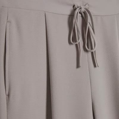 Beige Tailored Drawstring Wide Leg Trousers