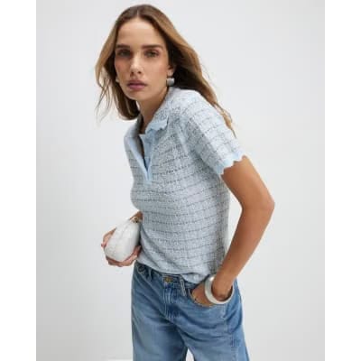 Blue Button Up Boucle Collared Top
