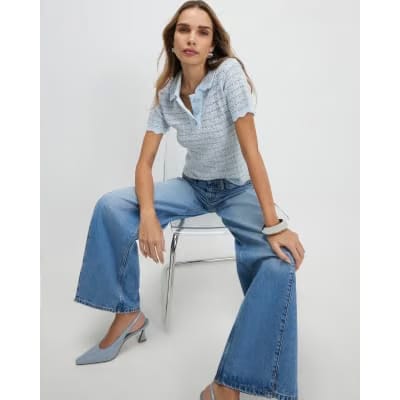 Blue Button Up Boucle Collared Top