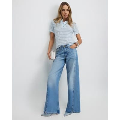 Blue Button Up Boucle Collared Top