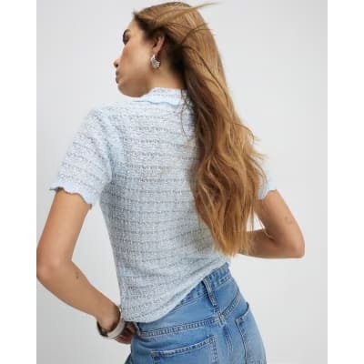 Blue Button Up Boucle Collared Top