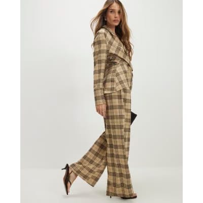 Beige Check Wide Leg Trousers