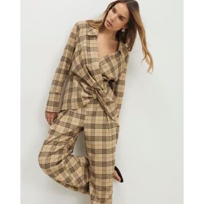 Beige Check Wide Leg Trousers