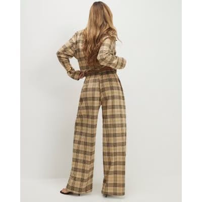 Beige Check Wide Leg Trousers