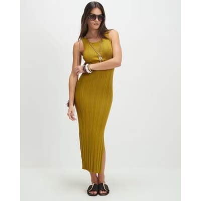Khaki Knitted Racer Neck Ribbed Midi Dress