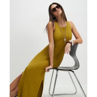 Khaki Knitted Racer Neck Ribbed Midi Dress