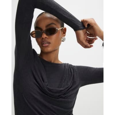 Grey Long Sleeve Drape Layered Top
