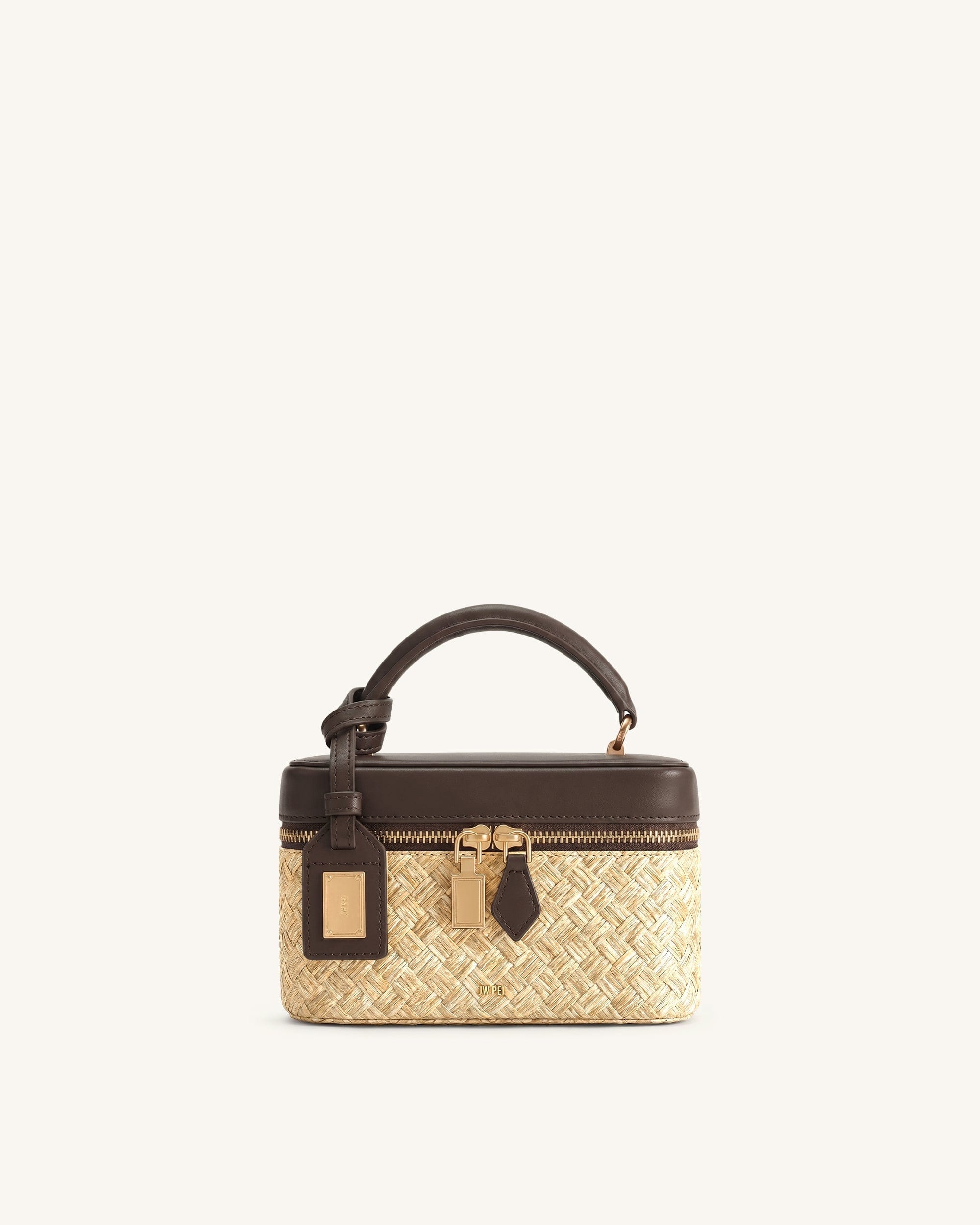 Cleo Faux Straw Box Shape Top Handle Bag - Brown