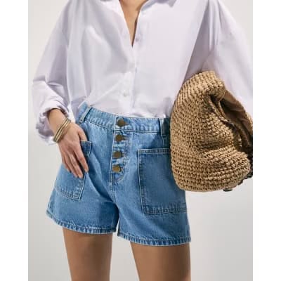 Blue Pocket Front Button Up Denim Shorts
