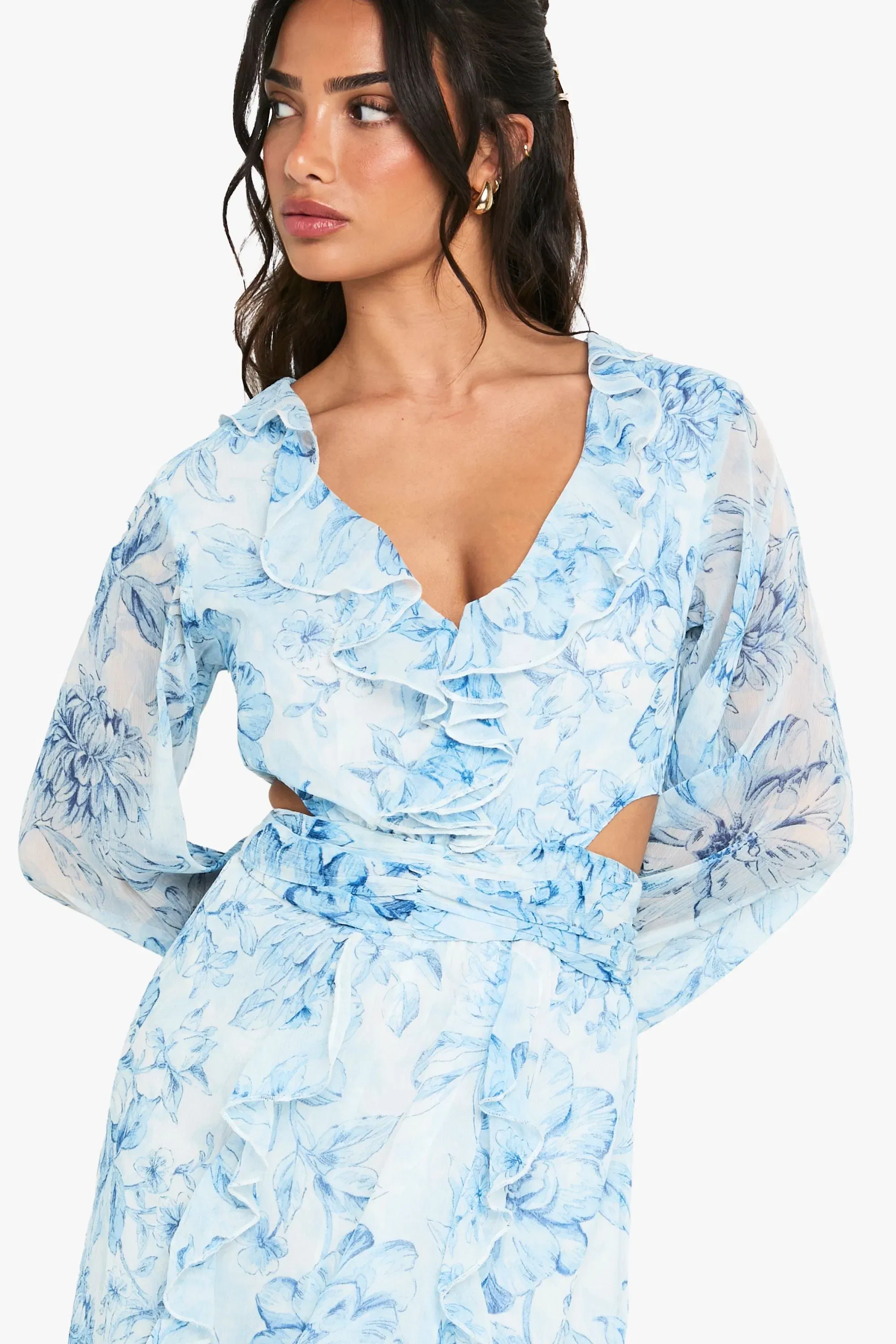 Petite Floral Chiffon Volume Sleeve Maxi dress