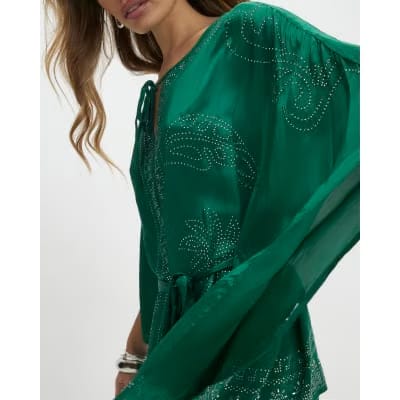 Green Embellished Kimono Top