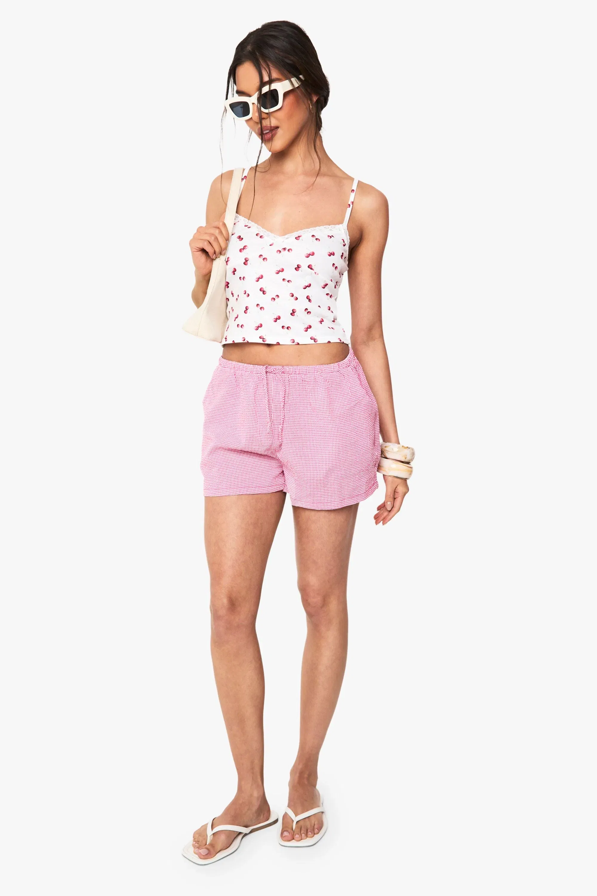 Jersey Cherry Print Lace Trim Cami Top