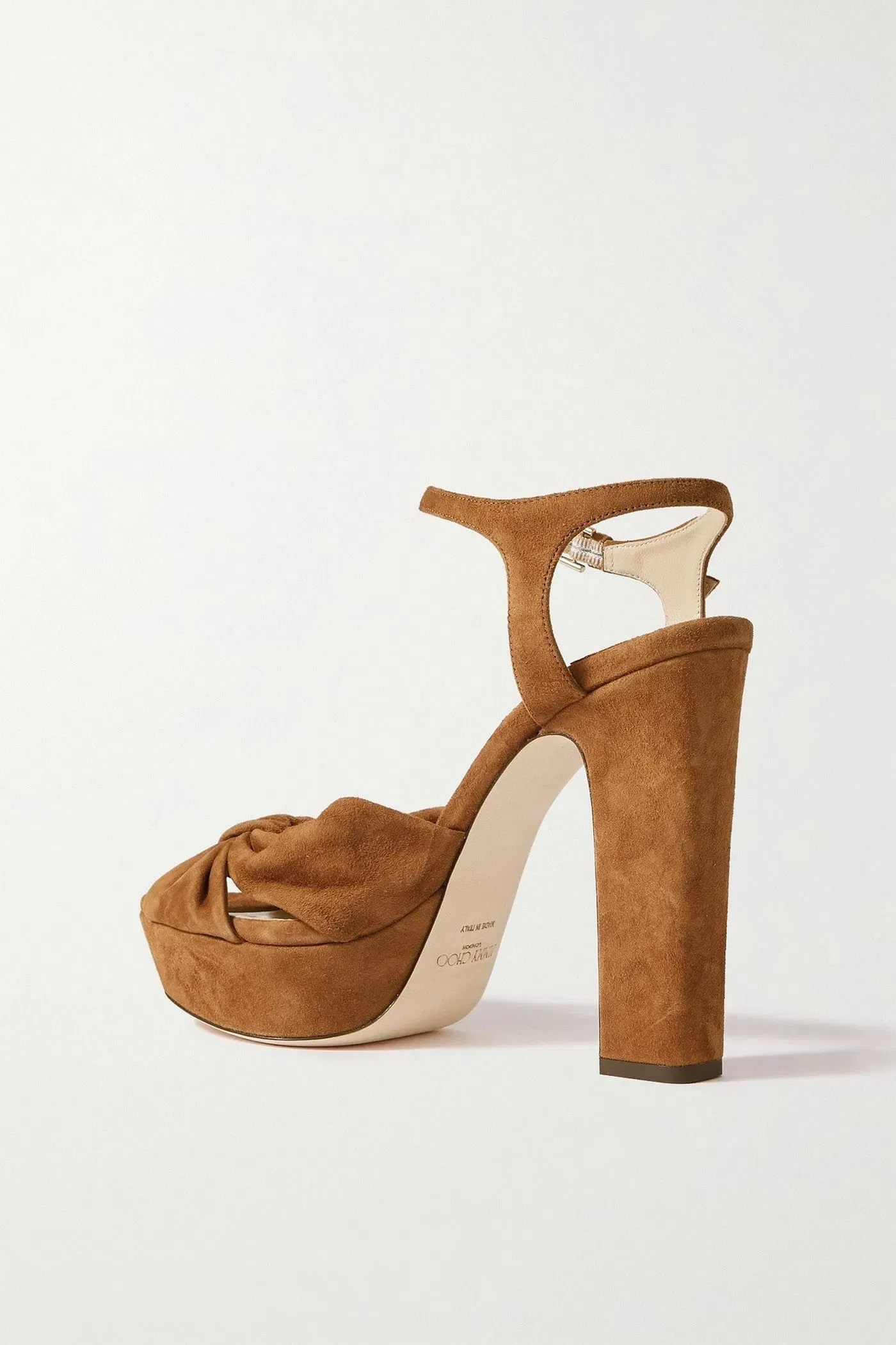 Jimmy Choo Heloise 120 Knotted Suede Platform Sandals Light Brown Women's