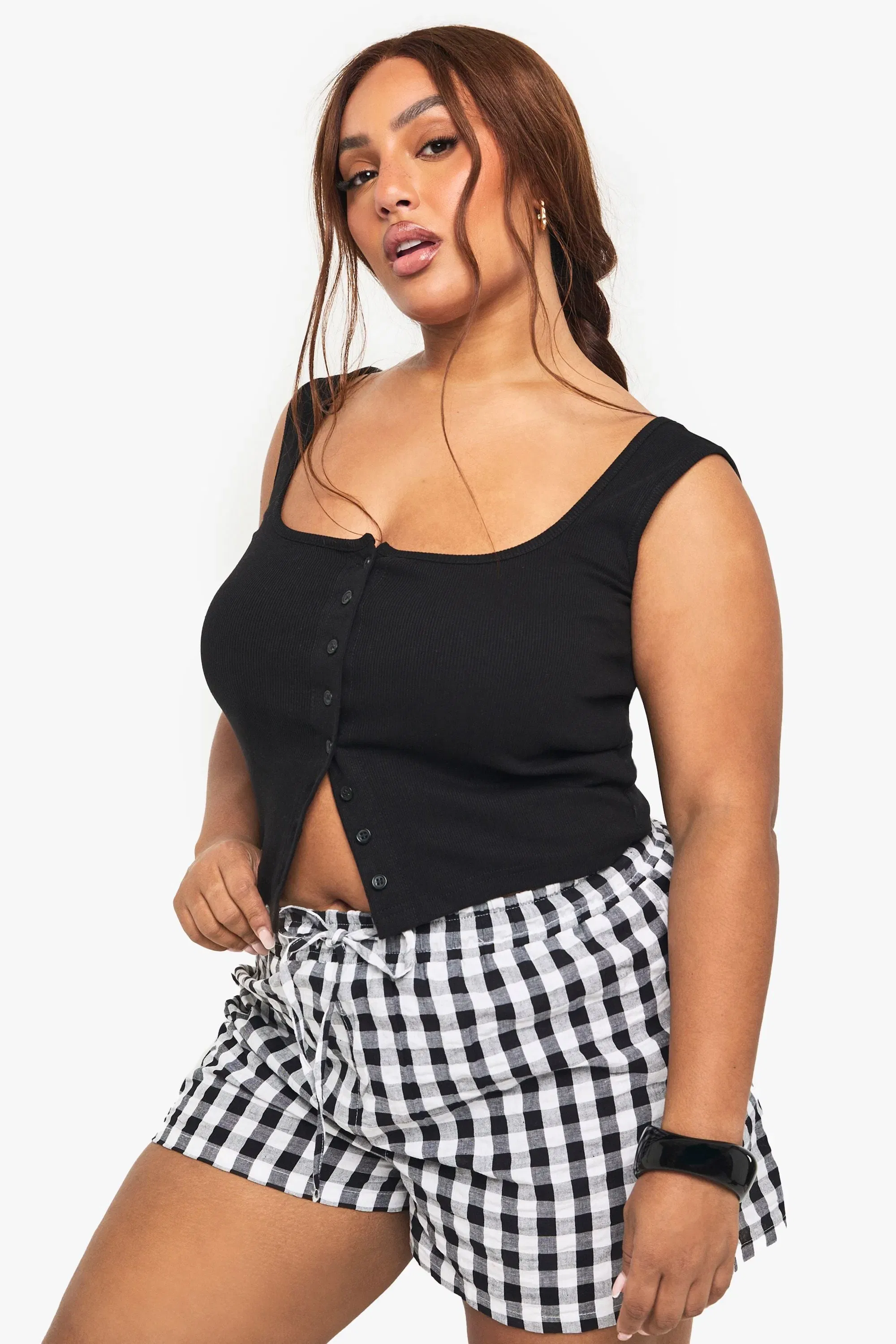 Plus Rib Button Through Square Neck Top