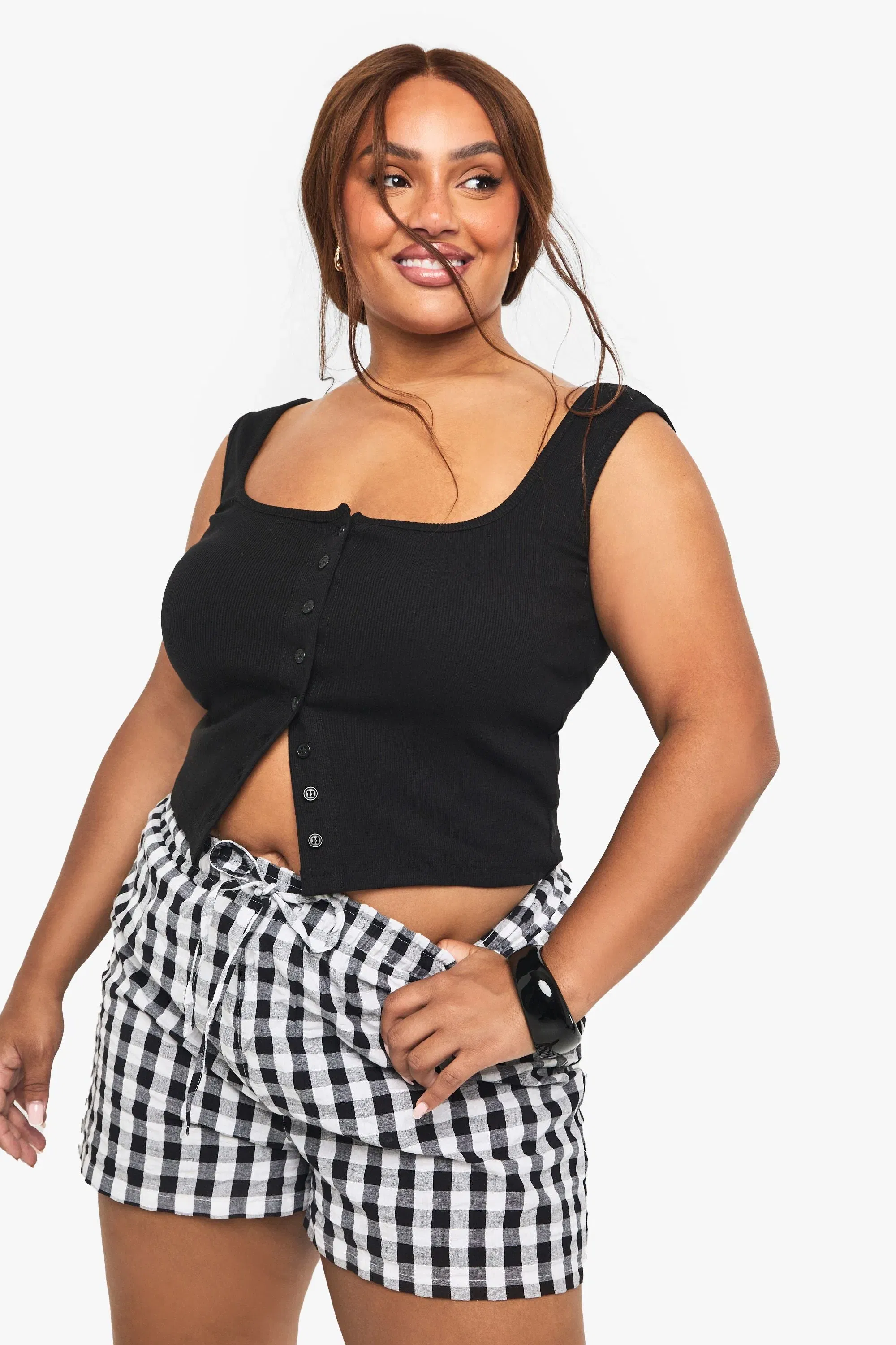 Plus Rib Button Through Square Neck Top