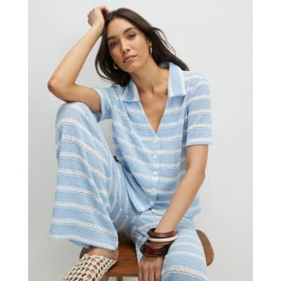 Blue Short Sleeve Striped crochet Shirt