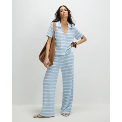 Blue Short Sleeve Striped crochet Shirt