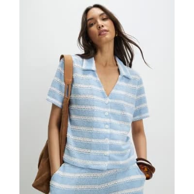 Blue Short Sleeve Striped crochet Shirt