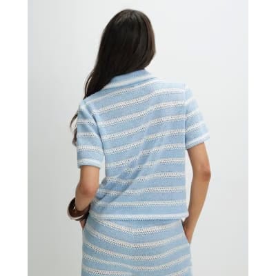 Blue Short Sleeve Striped crochet Shirt